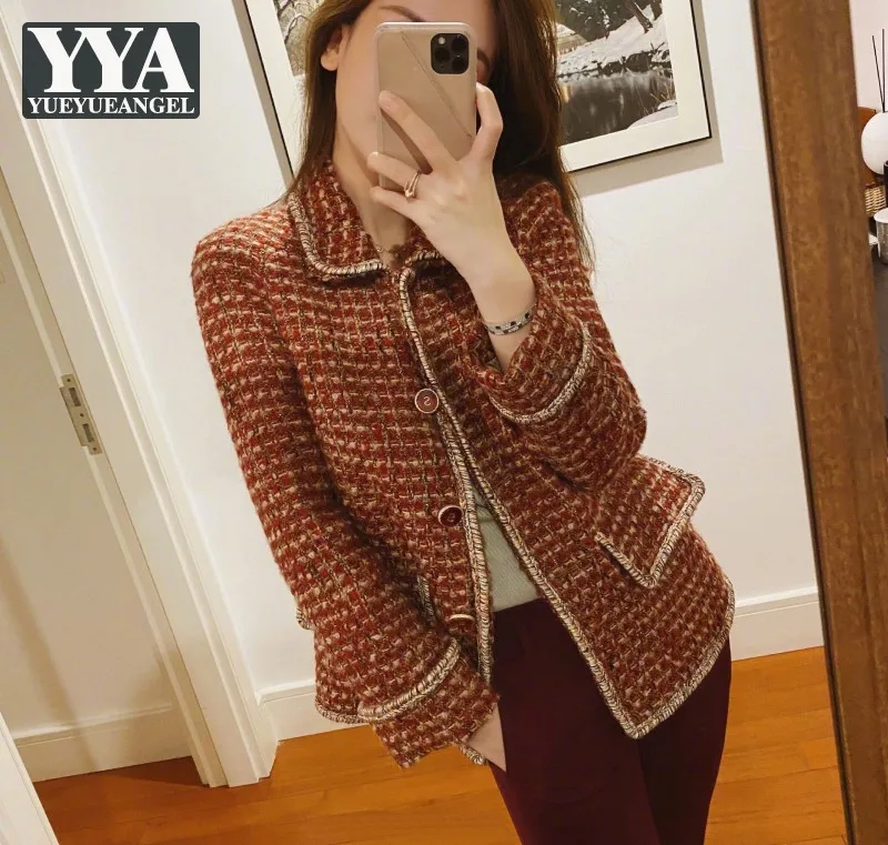 

Autumn Vintage Tweed Jacket Office Ladies Casual Coats Single Breasted Outerwear Autumn Women Knitting Plaid Cardigan Jackets