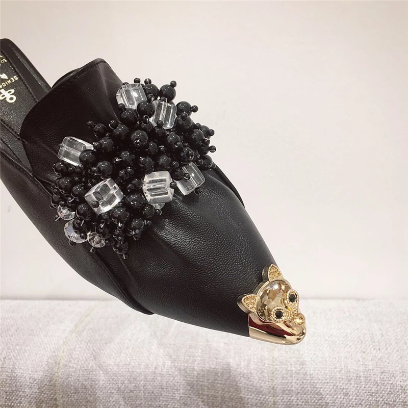 Women Mules Slippers Flat Heel Sandals Metal Pointed Toe Crystal String Bead Luxury Woman Ladies Outdoor Prom Slides | Обувь