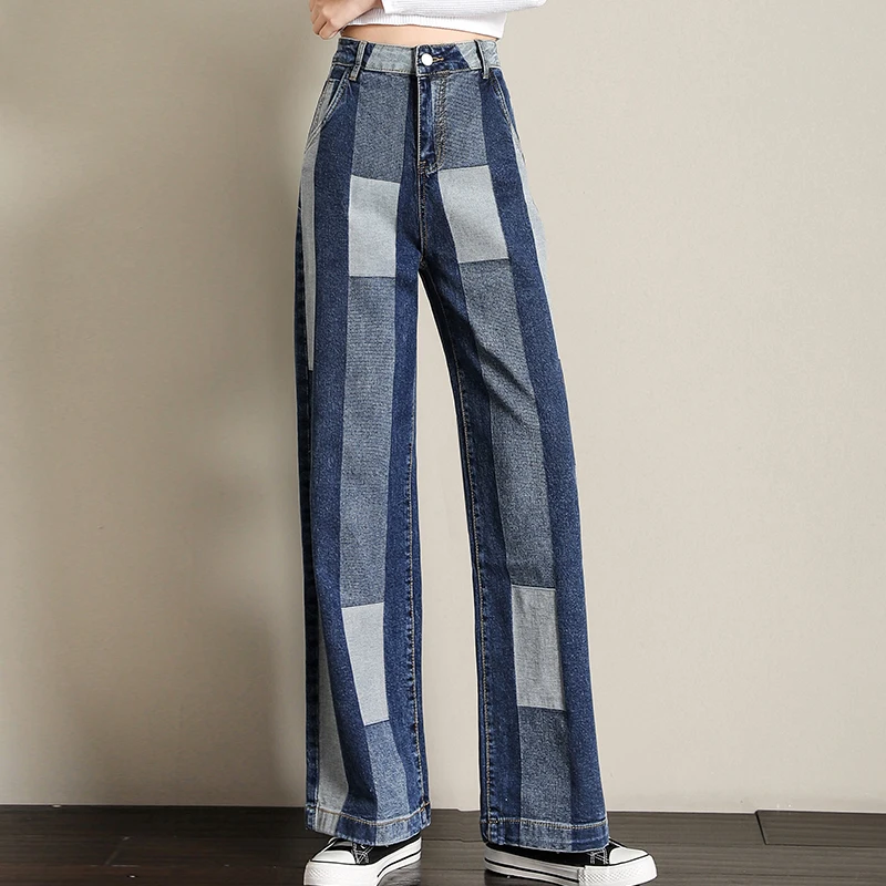 Европейская мода Контрастность Цвет широкие брюки джинсы для женщин женские