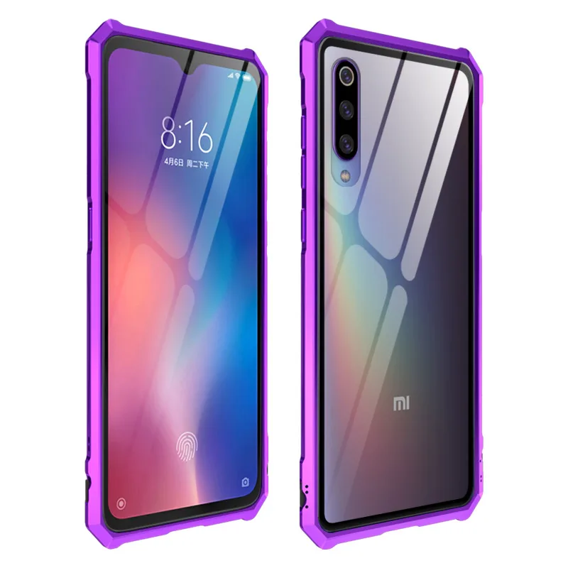 Роскошный Алюминиевый металлический бампер чехол Xiaomi mi 9 чехол mi 9 чехол противоударный прозрачный закаленное стекло задняя крышка Xiaomi mi 9 чехол - Цвет: Purple
