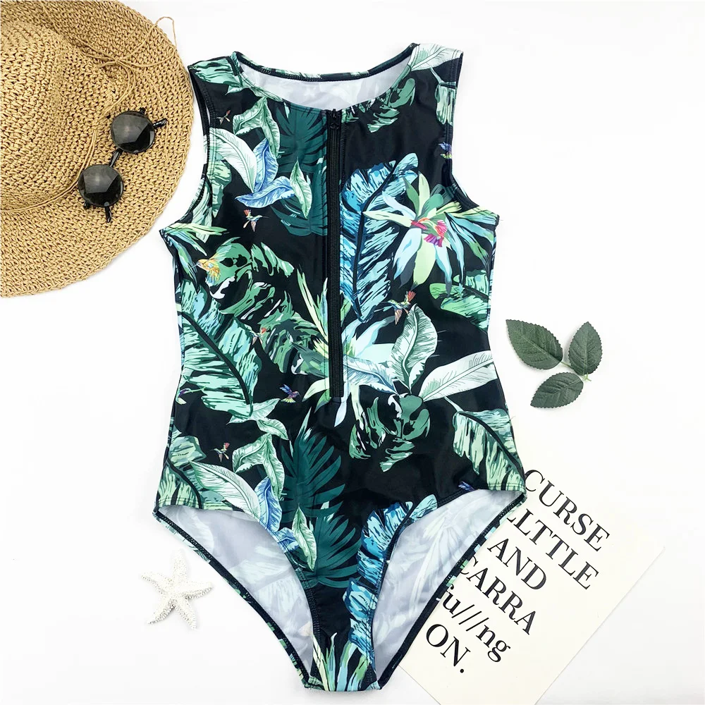 Женский купальный костюм на молнии с принтом листьев Монокини пуш-ап высокой