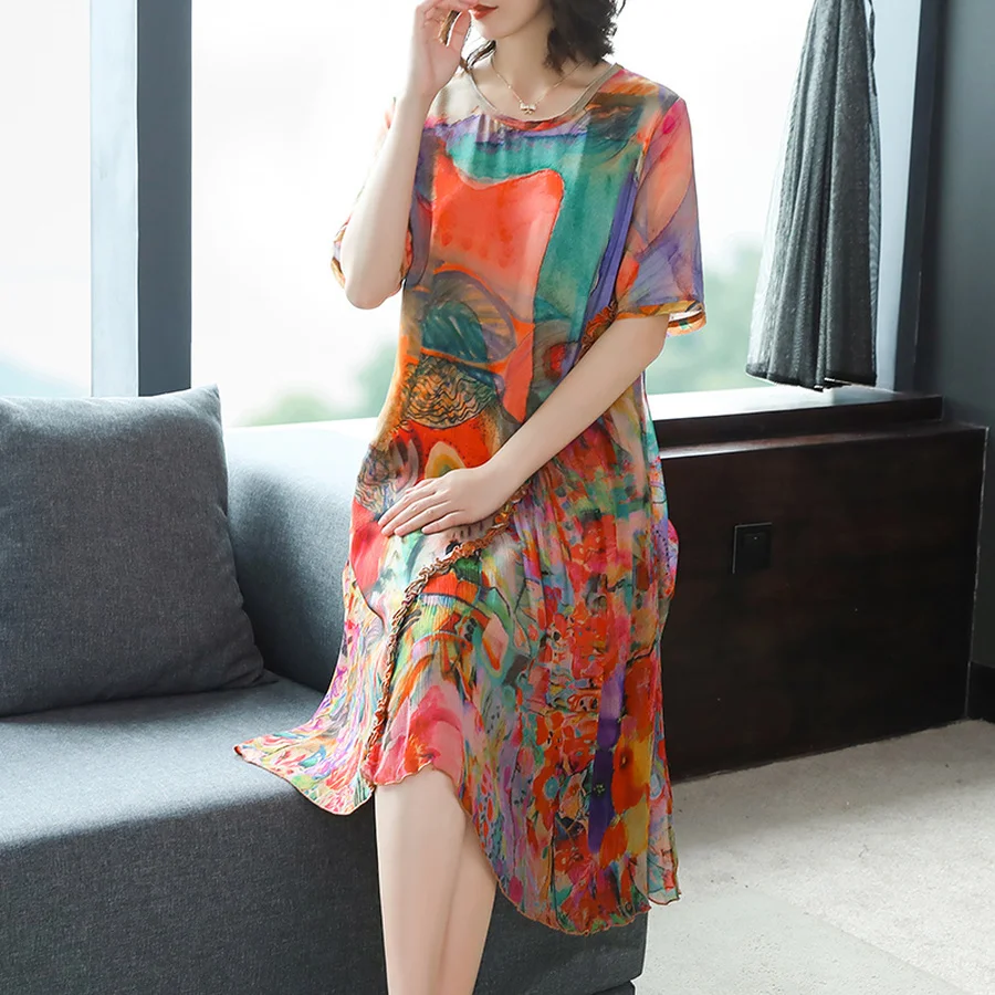 2021 Лето Высокое качество шелк тутового шелкопряда пляжное платье в винтажном