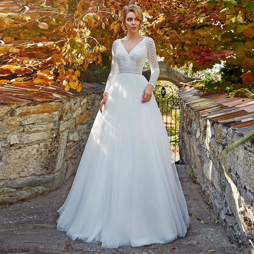 

Vestidos Elegant Wedding Dresses Tulle Illusion Lace V-Neck Full Sleeve Backless Ball Sweep Train Bridal Gowns