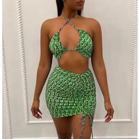 geometric pattern two piece set women sexy lace up halter cropped bramini ruched drawstring dress co ord outfit female clubwear