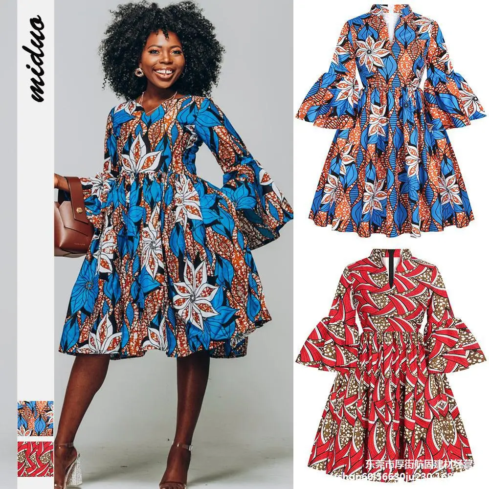 

Womens African Ankara Print Maxi Dress Traditional Casual Outfits Attire 2021 Fashion Lotus Sleeve V Neck African Dresses Women
