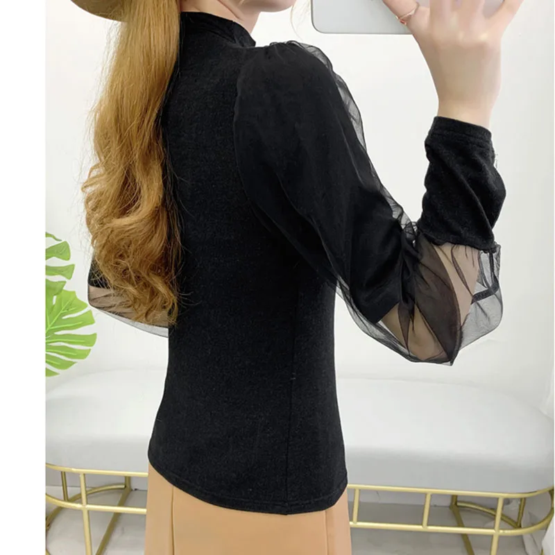 

2020 Causal Blouse Shirt Mesh Patchwork STAND Neck Women Blouse Elegant Black Long Sleeve Summer Spring Ladies Shirt Top