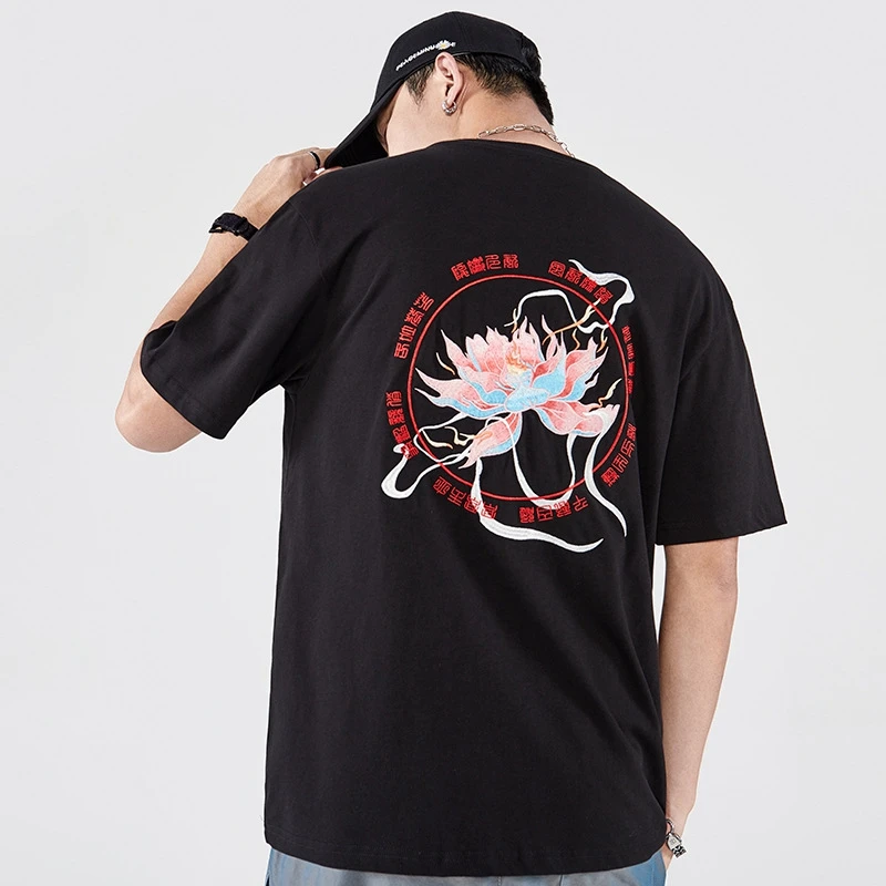 

Lyprerazy Men Chinese Embroidery short-sleeved T-shirt Print O-Neck T-shirt Hip Hop Street Casual Tee