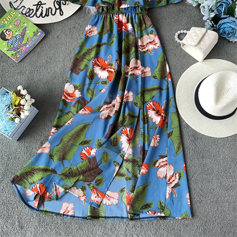 

2020 Ruffles Vintage Boho Sexy Summer Off Shoulder Floral Print Midi Long Dress Split Party Women elegant Beach Holiday Vestidos