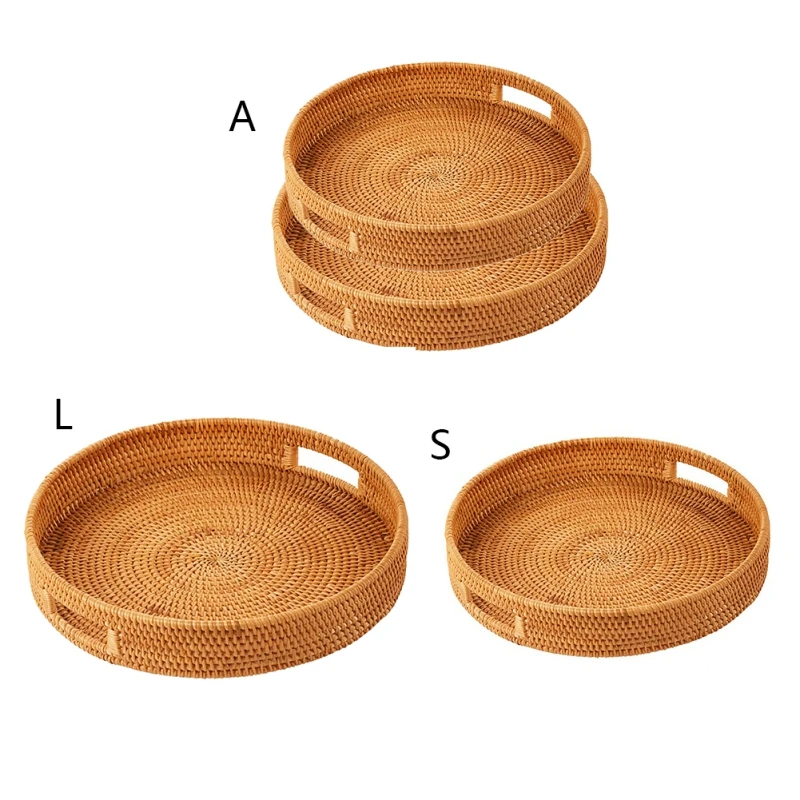 

Round Hand-Woven Rattan Bread Basket Storage Tray With Handle For Food Serving Dinner Parties Coffee Breakfast