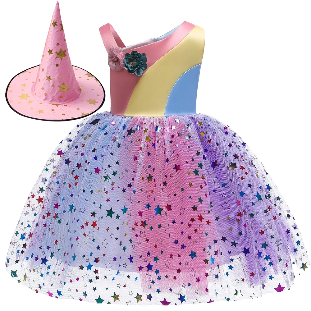 

2019 Halloween costumes girls sleeveless Star Party dress with hat 2pcs suits kids dresses for girls princess dress robe fille