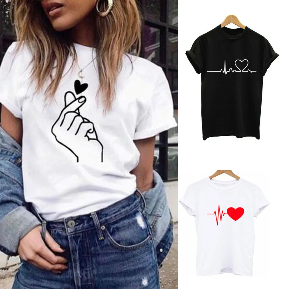 Модная футболка с сердцем милая Летняя женская принтом жестов любви хлопковые