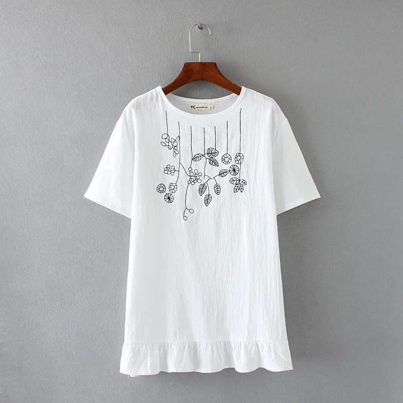 Женская хлопковая Футболка с круглым вырезом и вышивкой в виде листьев футболка