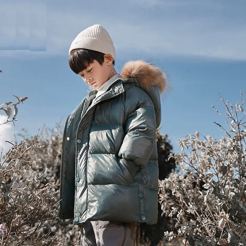 

Children's Clothing Boys Snow Winter Down Jacket Mid-length Hooded Fur Collar Velvet Coat Korean Version for 4-6-10-12-14 Years