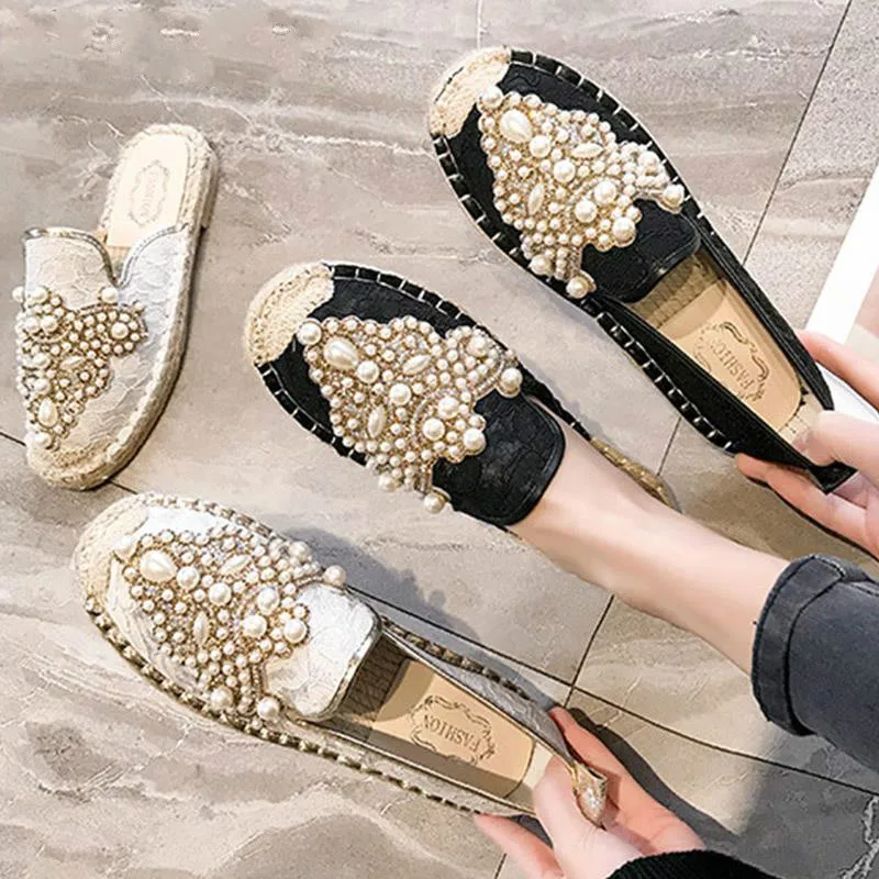 

Women Slip On Flats Pearl Mules Autumn Fisherman Shoes Ladies Hemp Platform Casual Shoes Female Espadrilles Footware New