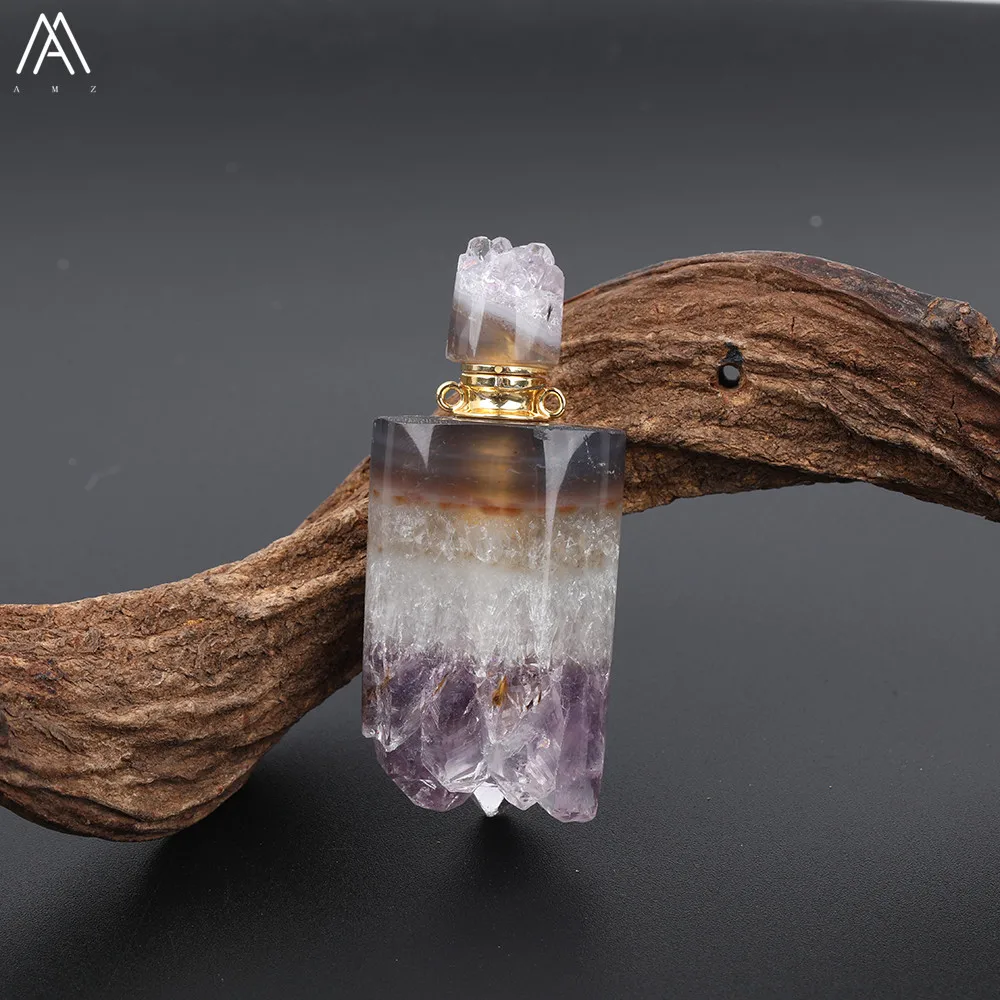Fashion Women Small Natural Citrines Quartz Irregular Amethysts Quartz Perfume Bottles Gold Copper Chain Necklace EF-DG-72AMFE