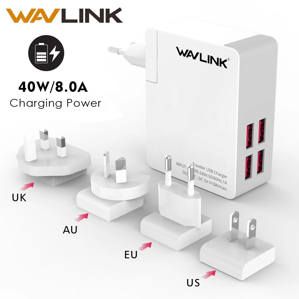 Wavlink Универсальный 2/4 порт путешественник USB зарядное устройство адаптер 40 Вт DC 5 В 8A с портом может заменяемый ЕС/США/Австралия/Великобритания Разъем для мобильного телефона - Тип штекера: 4 USB Port