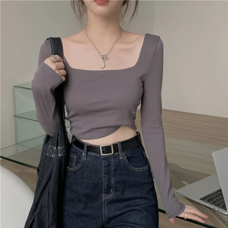 

Early autumn Girl neck short top women's autumn 2021 tight bottom Shirt Long Sleeve T-Shirt Rac