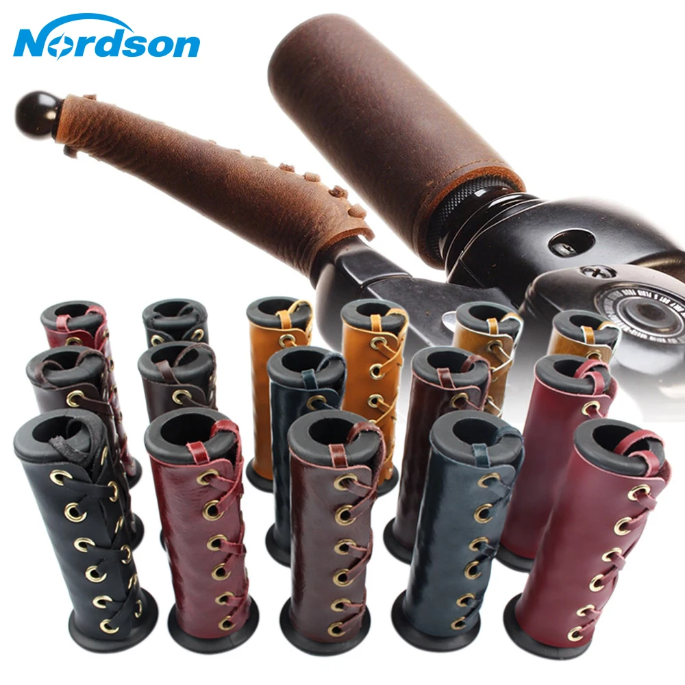 

Brown Heavy Duty Leather Grips Motorcycle Handle Grip Throttle Covers Retro Wraps 22mm Handlebar for Cafe Racer Old School