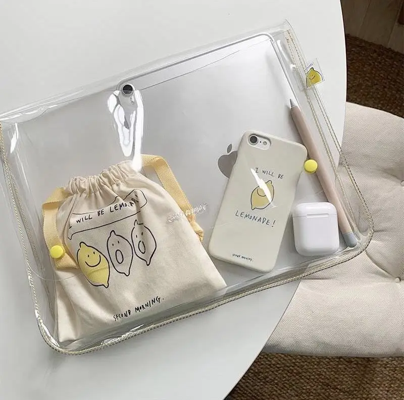 

Transparent Storage Bag with Tag Small Fresh Lemon Cosmetic Bag Ins Case for iPad 9.7 10.5 11 Portable Waterproof PVC Shell Cute