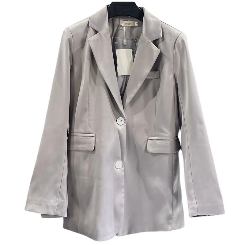 

Loose Casual Faux Acetate Satin Gray Blazer For Business Women Notch Collar Single Breasted Suit Jacket