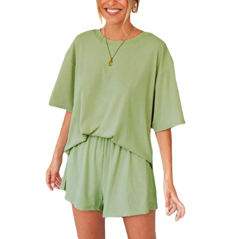 

WEPBEL Women's Casual Solid Color Loose Suit Summer O-Neck Half Sleeve T-shirt + High Waist Pocket Straight Shorts Suit