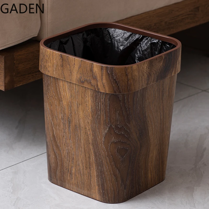 

Chinese Retro Imitation Wood Grain Trash Can Household Creative Living Room Kitchen Bathroom Plastic Storage Bin Without Cover