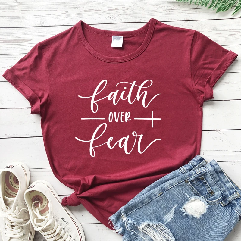 Faith Over Fear футболка женская модная вдохновленная Религиозная Христианская Церковь топы футболки Повседневная летняя графическая футболка tumblr наряд
