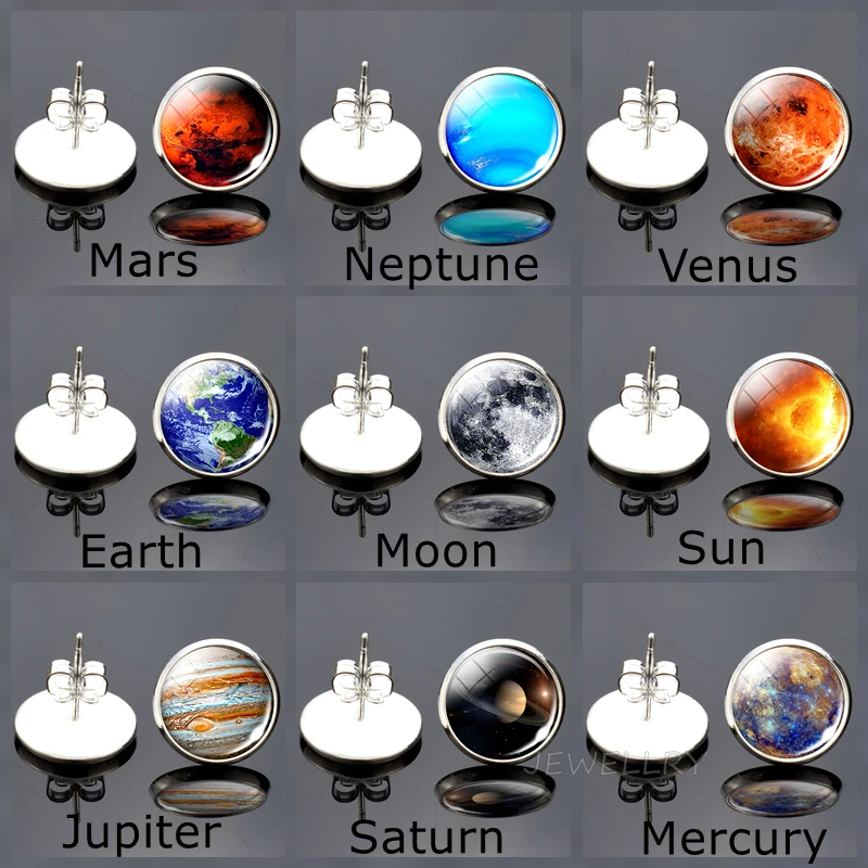 Серьги с Луной серьги гвоздики солнечной системой планетой и звездами галактика