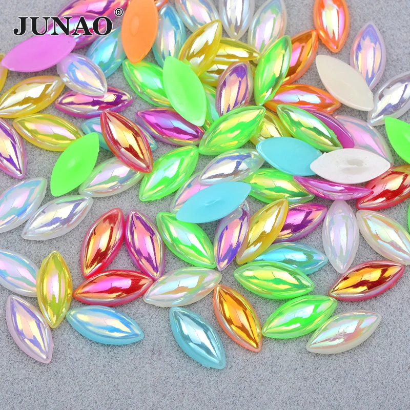

JUNAO 7*15mm 100pcs Mix Color Half Pearl Rhinestone Horse Eye Pearls Applique Flat Back Strass Crystal Stone for Dress DIY Craft