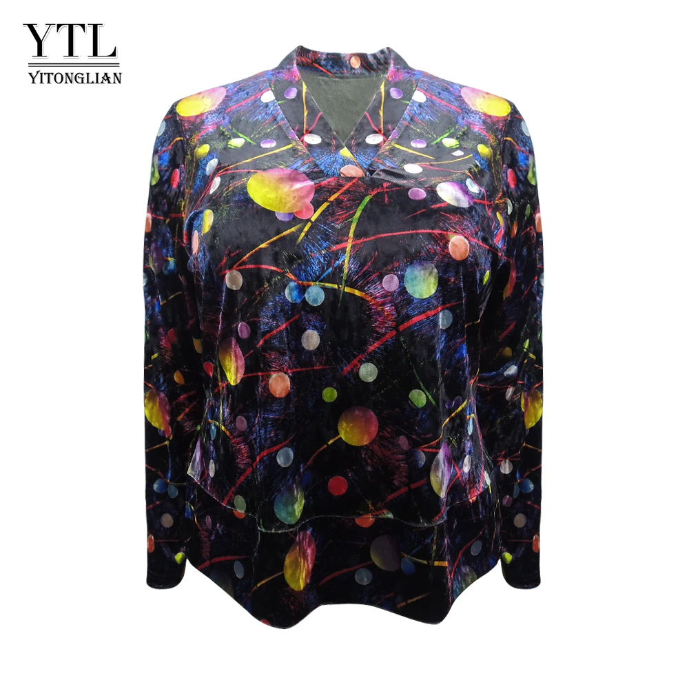 Multi-color Женская одежда размера плюс, зимняя высококачественная бархатная плотная блузка, Элегантная Женская туника с драпировкой на шее, женские блузки, M-8XL, H153 - Цвет: Multi-color