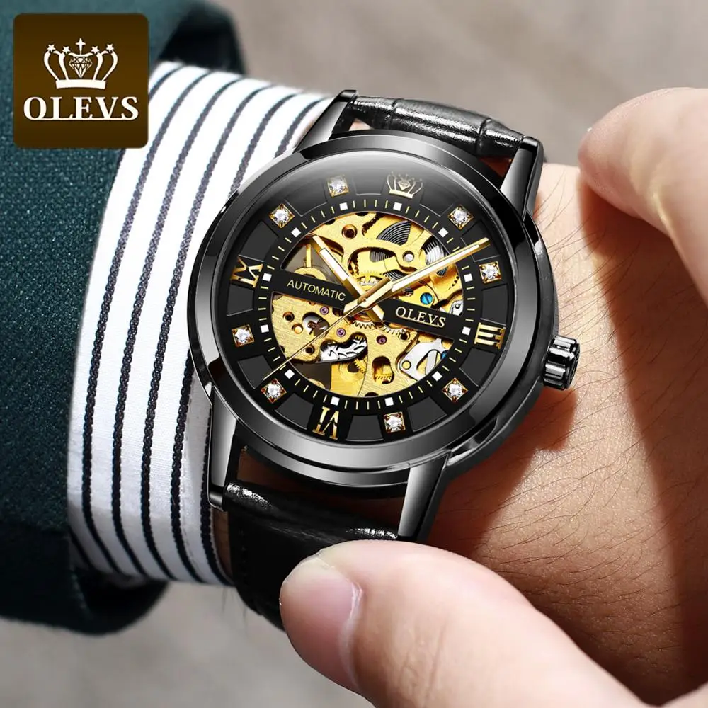 

OLEVS Luxury Men Automatic Mechanical Wristwatch Top Brand Leather Watch Men Classic Skeleton Transparent Luminous Orologio Uomo