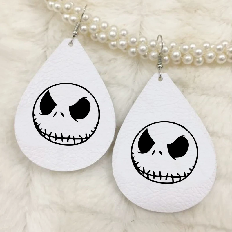 

Nightmare-Before-Christmas Jack Skellington Face Skull Faux Leather Tear Drop Earrings Red Glitter