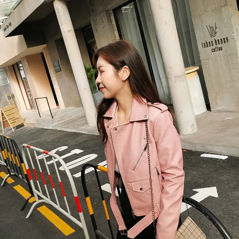 

Women's short spring and autumn leather jacket women's short spring and autumn motorcycle wear loose small leather jacket women