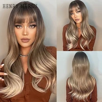 henry margu brown ombre ash blonde long wavy synthetic wigs with bang heat resistant natural hair for women daily cosplay party