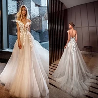 chic v neck tulle with applique lace cap sleeves a line backless wedding dress vestido noiva