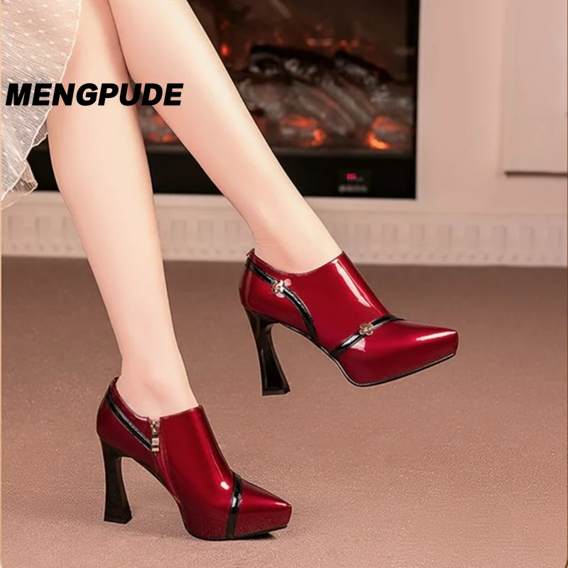 

MPD Autumn Wedding Shoes Woman High Heels Women's Pumps Patent Leather Shoe Thick Heel Fashion Pointed Toe Deep Wine-red Beige
