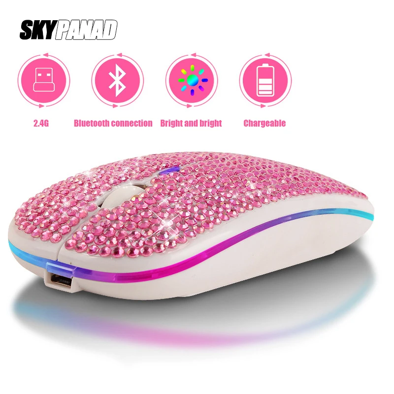 

Diamond Glitter 2.4G Bluetooth Wireless Mouse ReChargeable Gaming Mouse 1600 DPI 3 Level Adjustable Mute Girly Pink Mouse