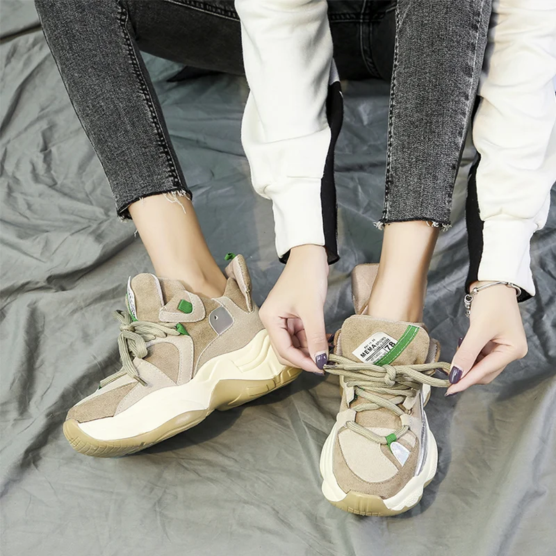 Новинка Модные Зеленые массивные кроссовки Женская повседневная обувь из