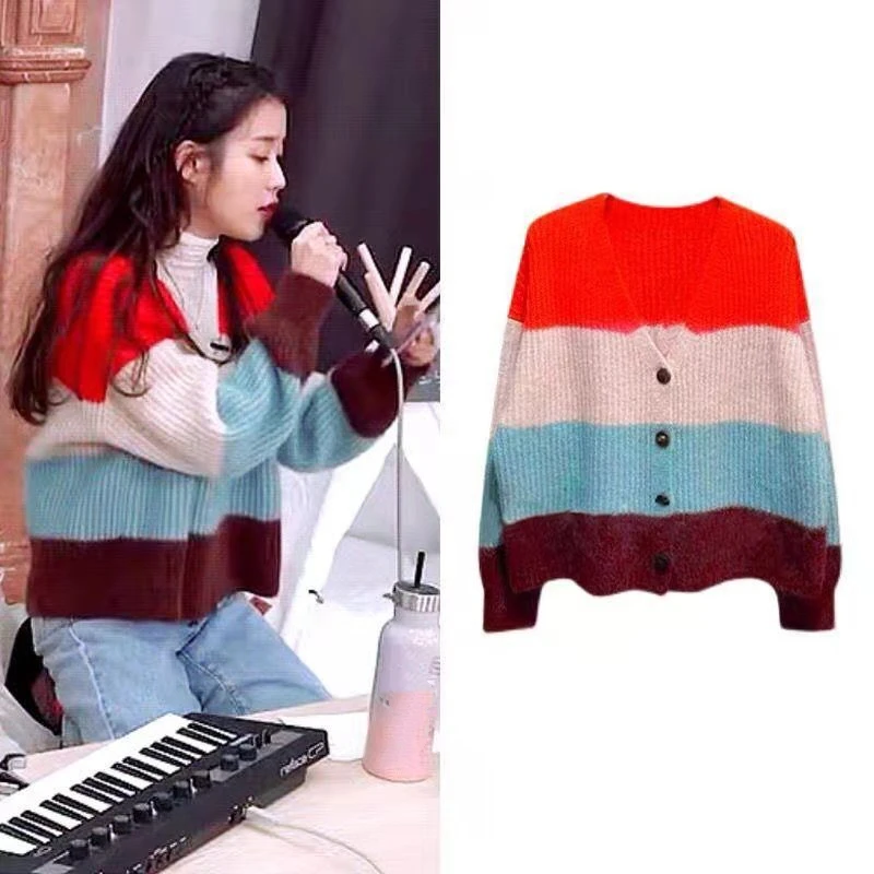

Kpop IU Lee Ji Eun Women Loose V-neck Knitted Cardigan Sweater Korean Single-Breasted Outerwear Ladies Christmas Sweet Sweaters