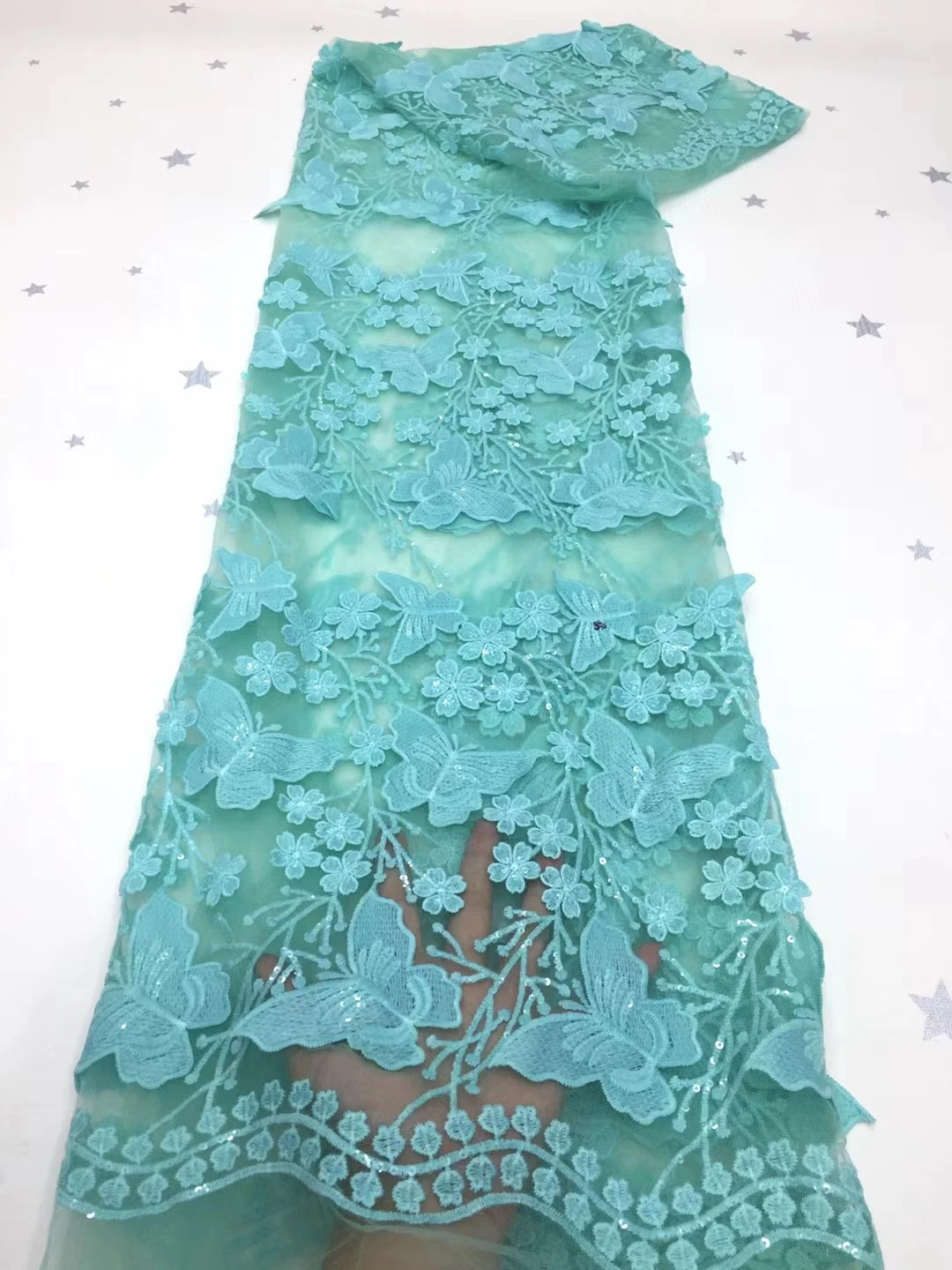 

High Quality Sequin Tulle French Lace Fabric Water Green Embroidered Geometric Patterns African Nigerian Latest Design Latest