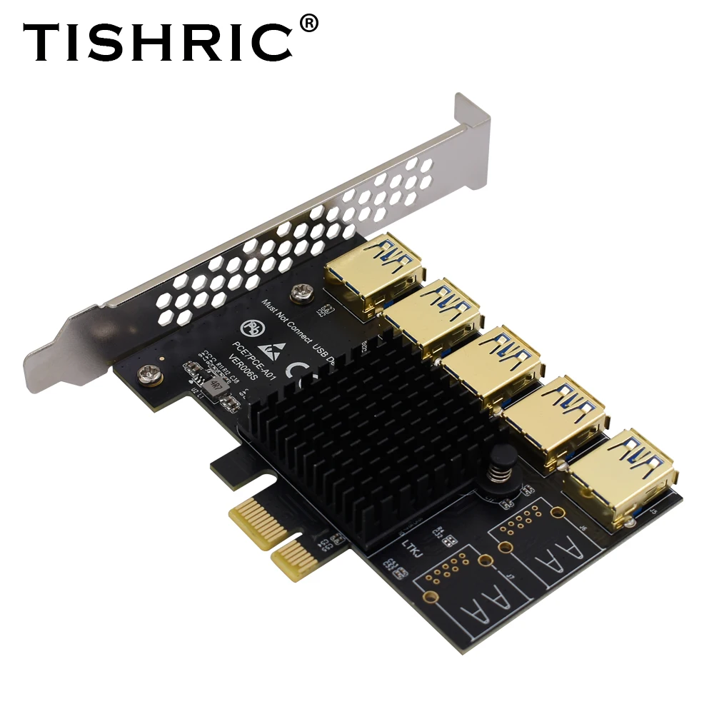 

Переходник TISHRIC PCIE с 1x на 5 портов USB 3,0, карта расширения PCI Express, усилитель PCI-E 16X для видеокарты, переходник для майнинга биткоинов