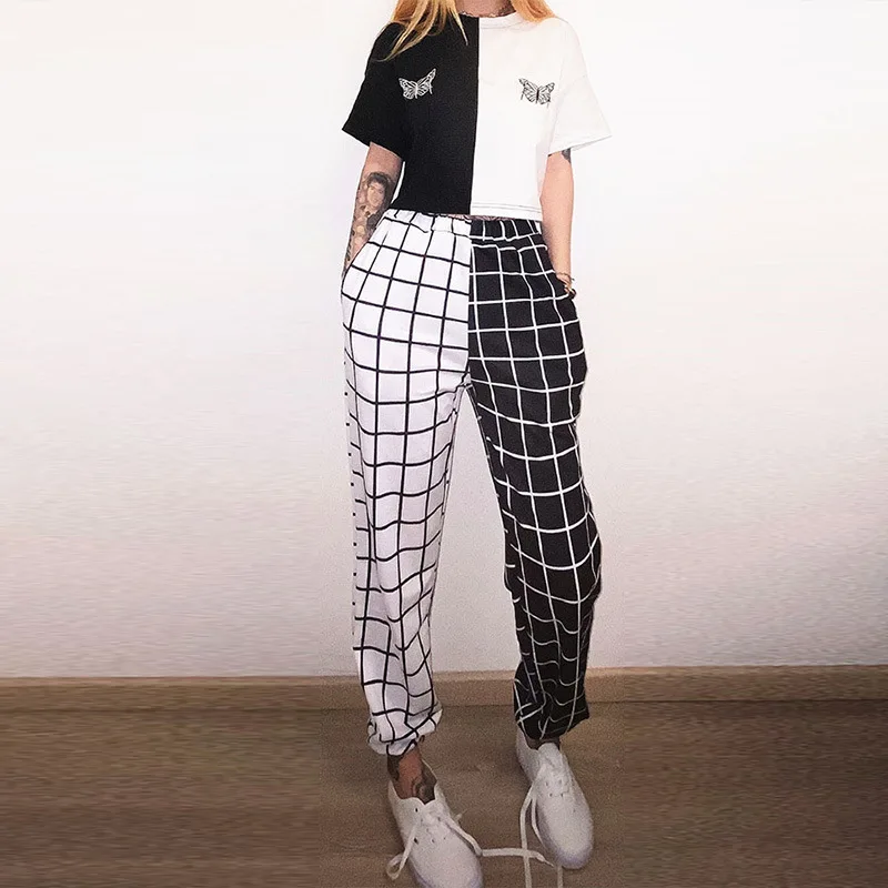 

Vintage Plaid Patchwork Pants Harajuku Woman Trousers Elastics High Waist Pants Causal Straight Checkerboard Plaid Prited Pants