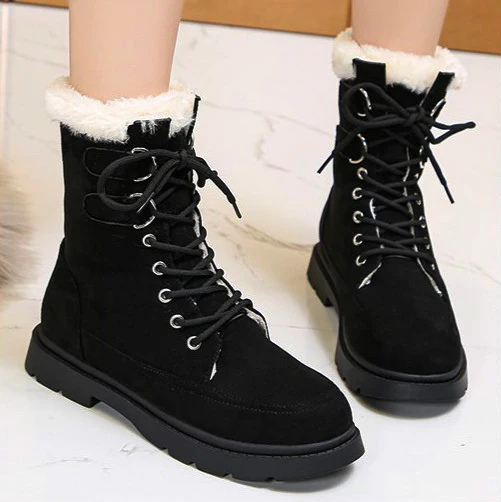 

Women 2020 Snow Boots Non-slip Short Botas Mujer Thick Fur Platform Mid Calf Winter Warm Shoes British Style Lace Up Martin Boot