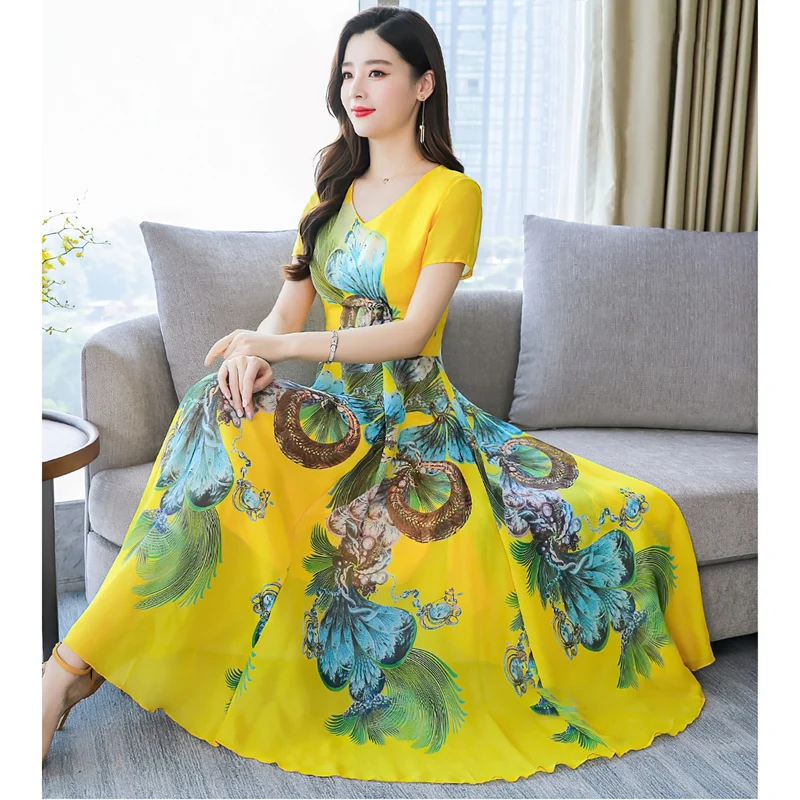 

Women's Casual Dress Loose Mid-length Temperament Printed Skirt Was Thin and Elegant A-line Skirt