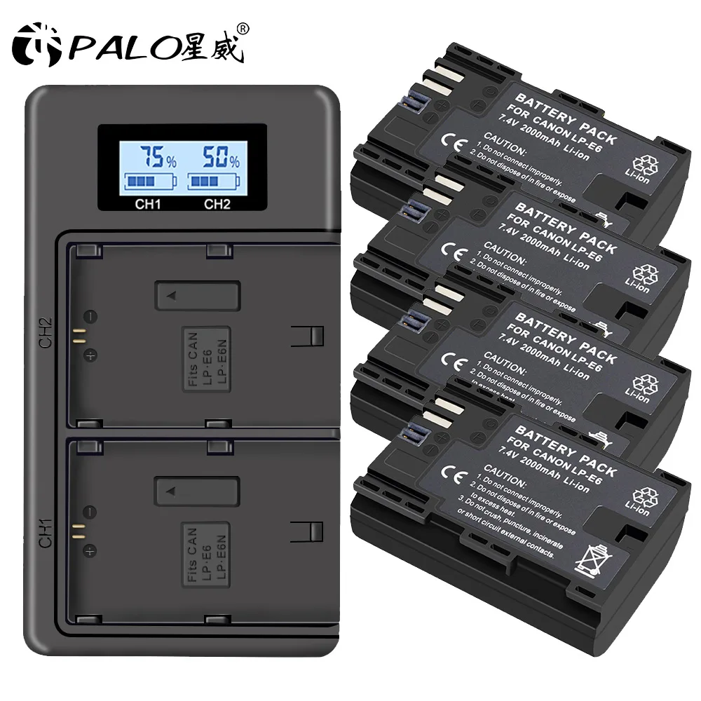 4x LP E6 LPE6 LP-E6 E6N батарея 2000 мАч+ ЖК двойное зарядное устройство для камеры Canon EOS 5DS R 5D Mark II 5D Mark III 6D 7D 80D EOS 5DS R - Цвет: 4PCS and charger