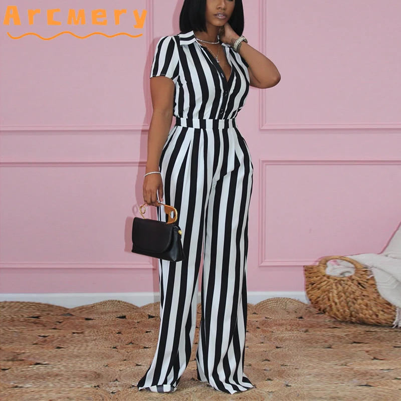 

Two Piece Striped Suits Short Sleeve Blouse Shirt & Loose Casual Pants Set