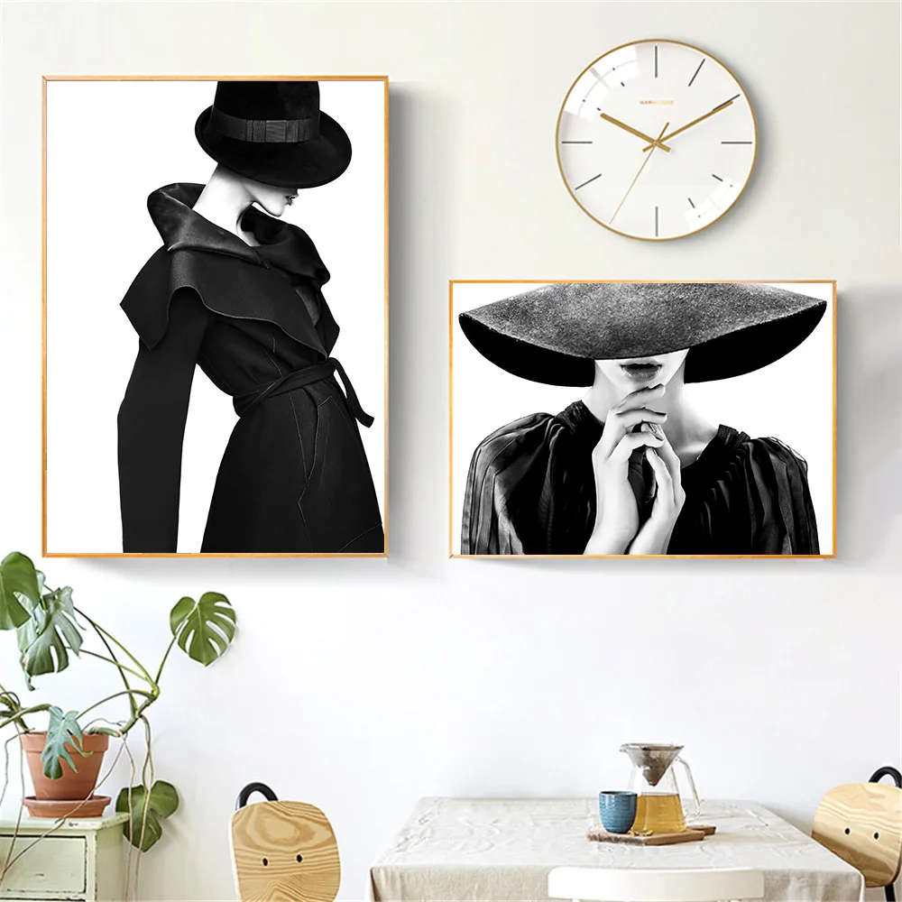 

Fashion Women Hat Poster And Print Black White Chic Girl Poster and Print Modern Wall Art Picture Living Room Home Decoration