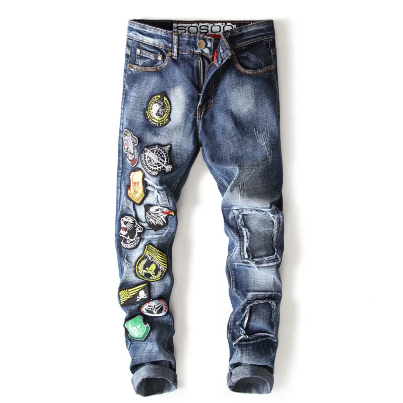 

2020 Spring Men Skinny Biker Jeans Print Embroidery Slim Fit Denim Pant Jean Plus Size 38 Calca Jeans Masculina Jean Slim Homme