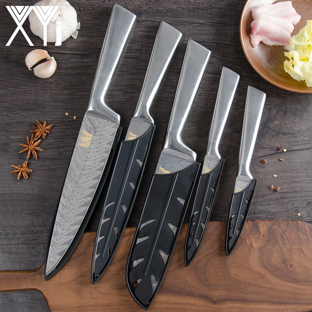 Нож xyj набор из сатиновой стали ножи для шеф повара лазерный дамасский стальной