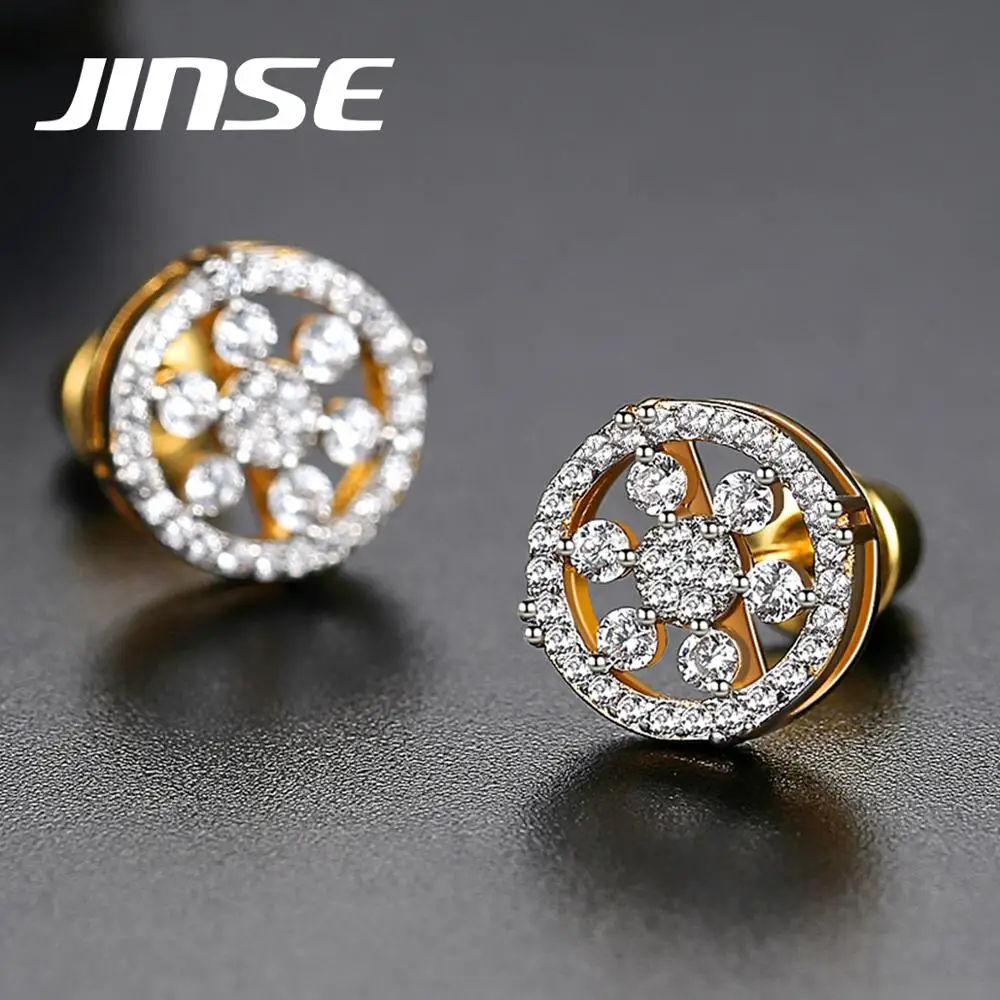 JINSE мужские черные стразы серьги-гвоздики Золотая Цвет Micro Pave цирконий круглый